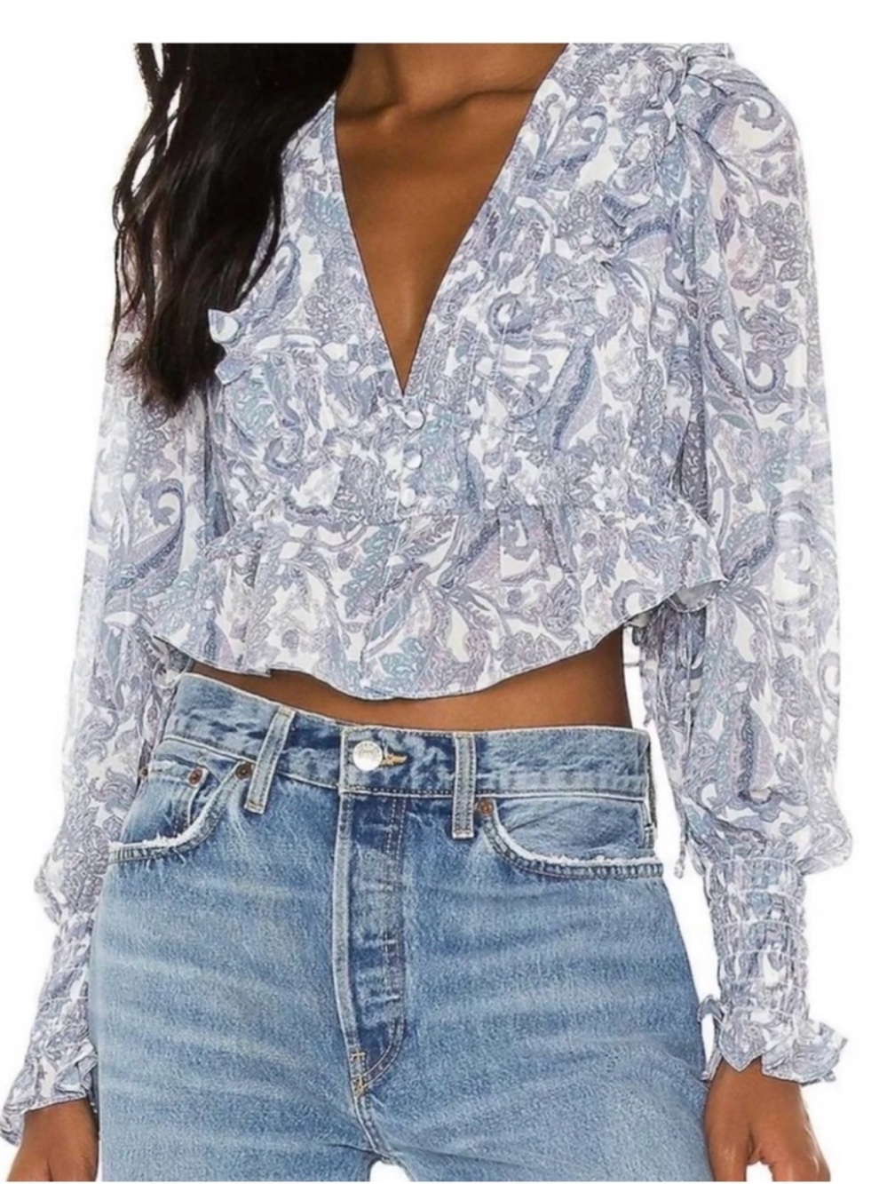 Women's For Love and Lemons Blue Paisley V-Neck Ruffle Blouse